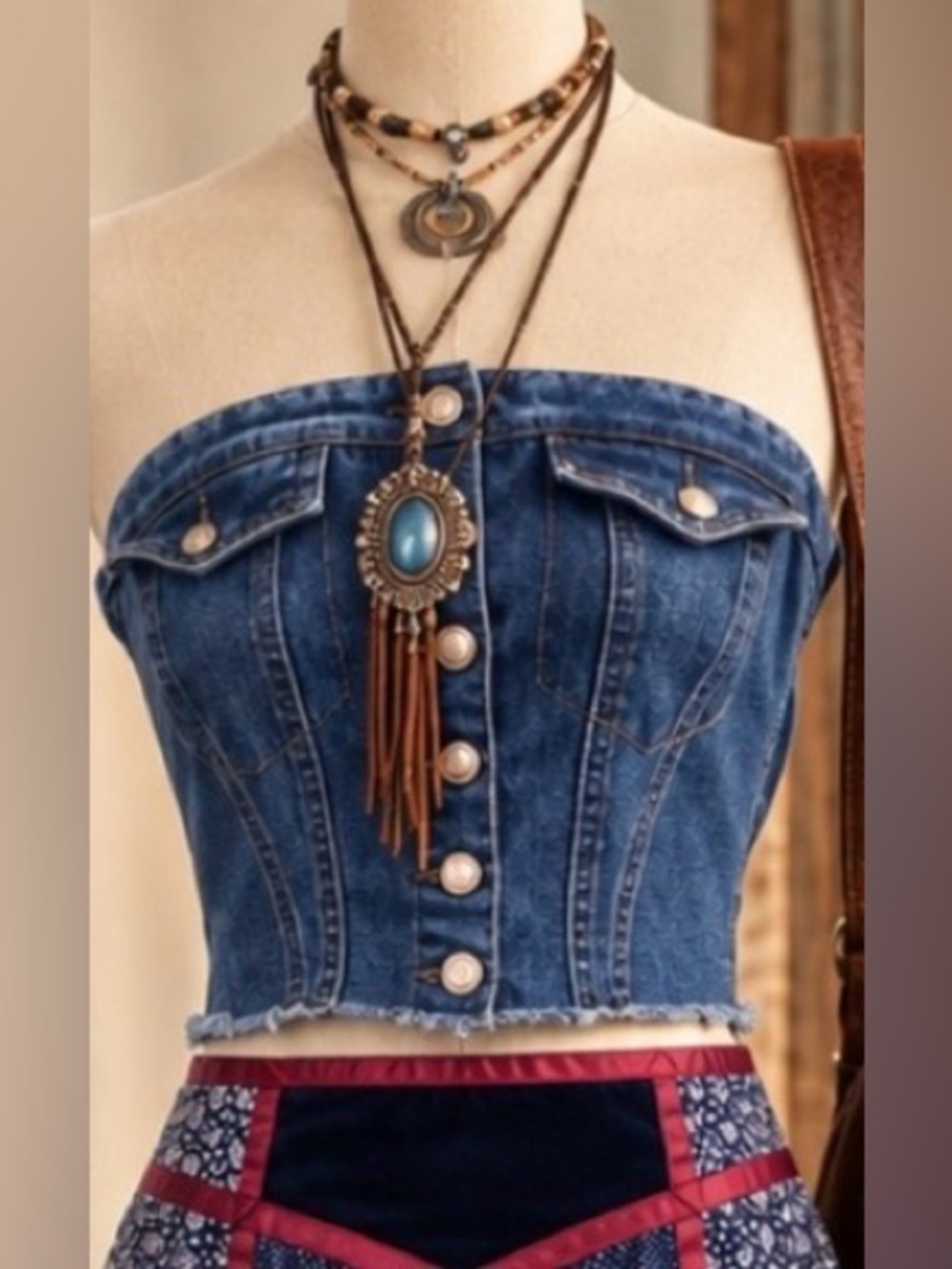 Seven Seven - Denim - blue/ raw hem Strapless Button-Front Corset Top - Small